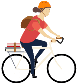 Cyclist riding a city bike with book attached, animated, transparent